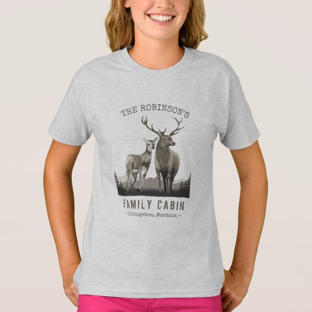 Family Name Cabin Deer Pine Tree Forest Gray T-Shirt (Front)