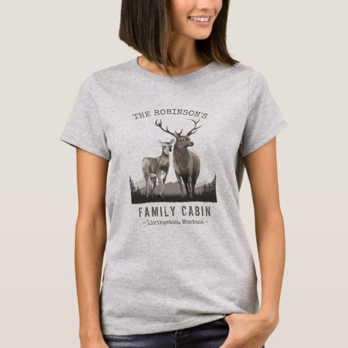 Family Name Cabin Deer Pine Tree Forest Light Gray T_Shirt