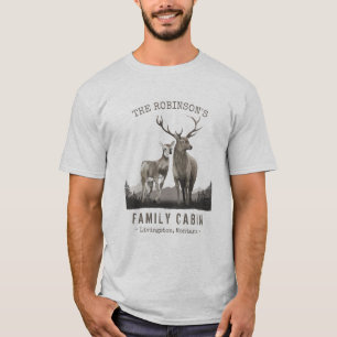 Family Name Cabin Deer Pine Tree Forest Light Gray T-Shirt