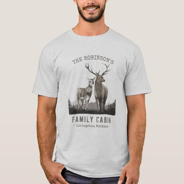 Family Name Cabin Deer Pine Tree Forest Light Gray T-Shirt (Front)