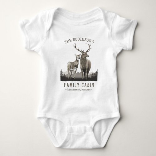 Family Name Cabin Deer Pine Tree Forest Mountains Baby Bodysuit