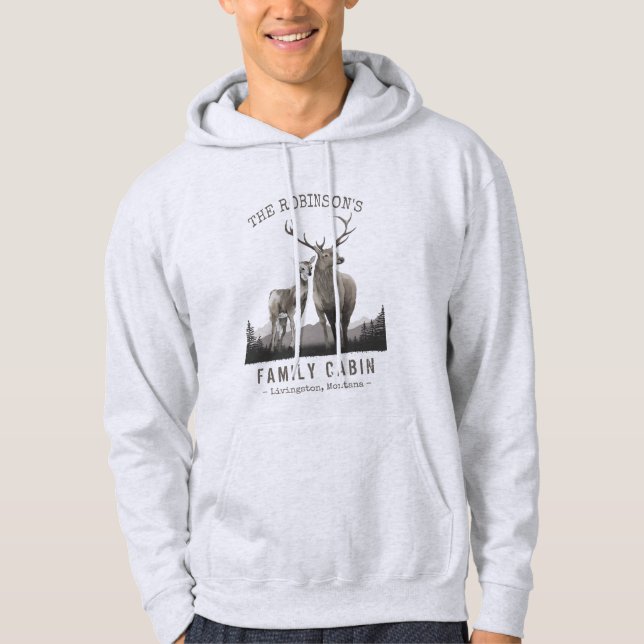 Family Name Cabin Deer Pine Tree Forest Mountains Hoodie (Front)