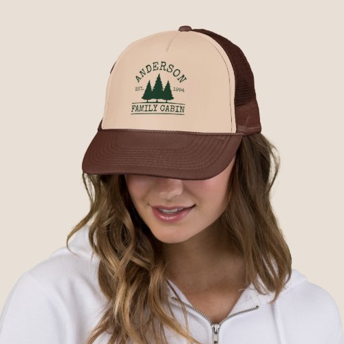Family Name Cabin Forest Green Pines Brown Trucker Hat