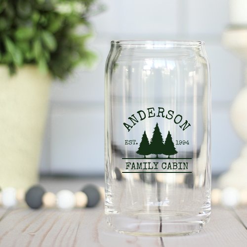 Family Name Cabin Forest Green Pines Can Glass