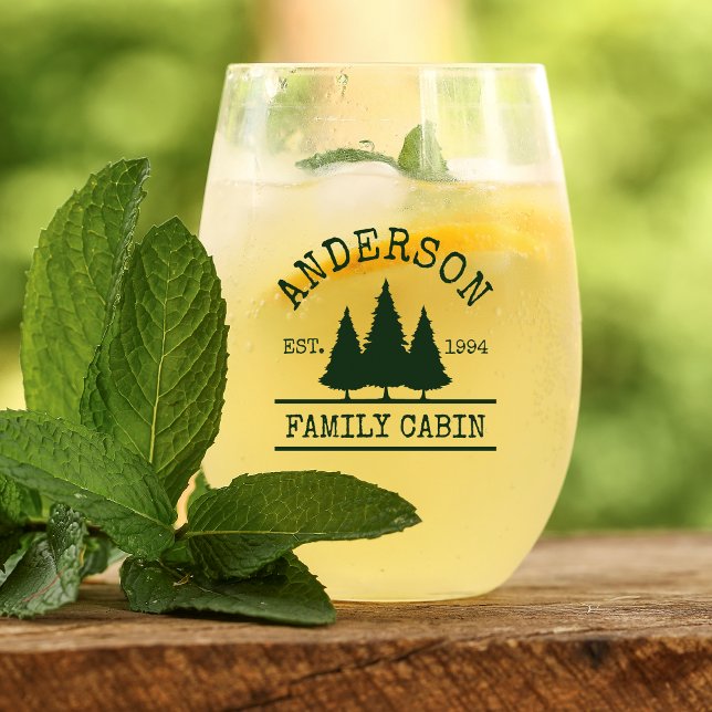 Family Name Cabin Forest Green Pines Stemless Wine Glass (Several styles to choose from.)