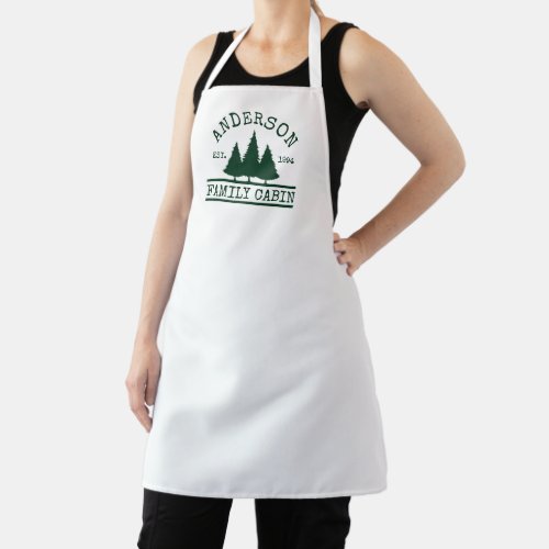 Family Name Cabin Forest Green Pines White Apron