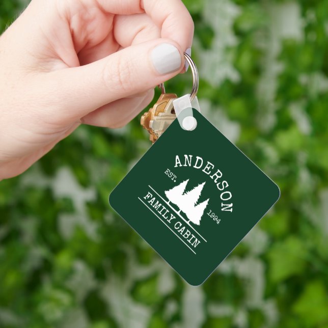 Family Name Cabin Forest Green Square Keychain (Hand)