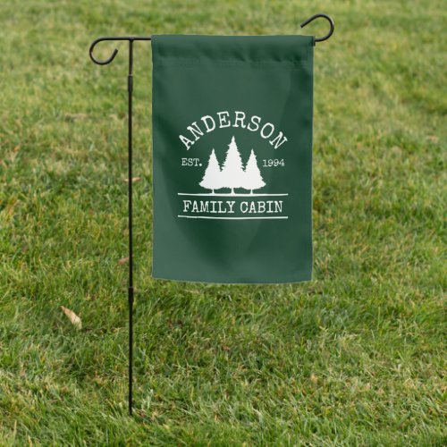 Family Name Cabin Forest Green with Pine Trees Garden Flag