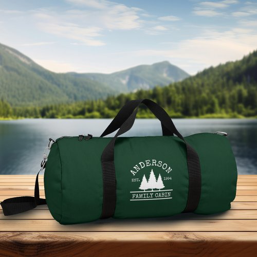 Family Name Cabin Forest Green with Pines Duffle Bag