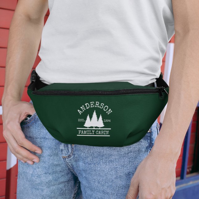 Family Name Cabin Forest Green with Pines Fanny Pack (Customize to change text size, style or background color.)