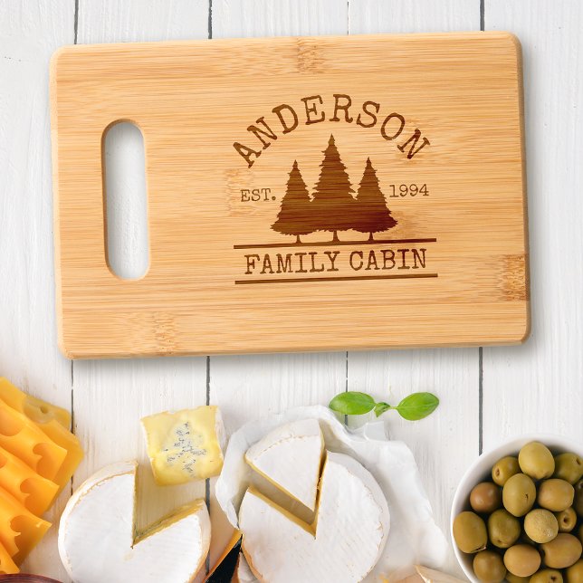Family Name Cabin Forest Pine Trees Engraved Cutting Board (Customize to change text size or text style.)