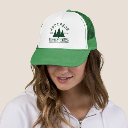Family Name Cabin Forest Pine Trees Green Trucker Hat