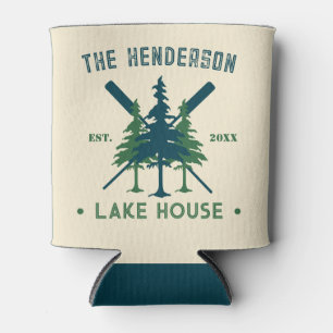 Family Name Cabin Lake House Oars Pine Trees Can Cooler