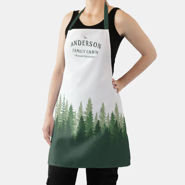 Family Name Cabin Location Pine Tree Forest Apron | Zazzle