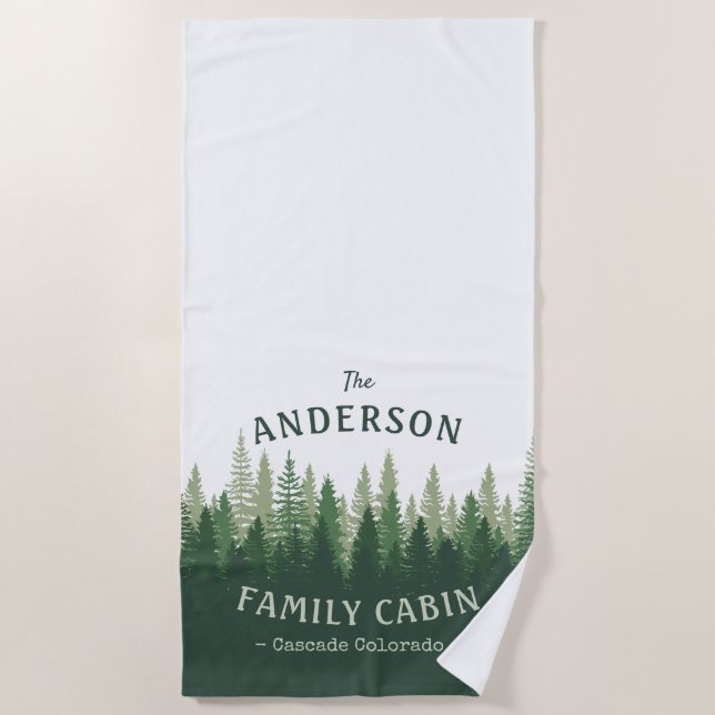 Family Name Cabin Location Pine Tree Forest Beach Towel (Front)