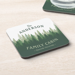 Family Name Cabin Location Pine Tree Forest Cork Beverage Coaster