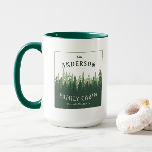 Family Name Cabin Location Pine Tree Forest Mug (With Donut)