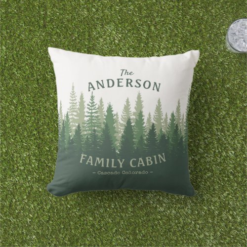 Family Name Cabin Location Pine Tree Forest Outdoor Pillow