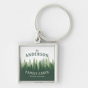 Family Name Cabin Location Pine Tree Forest Square Keychain