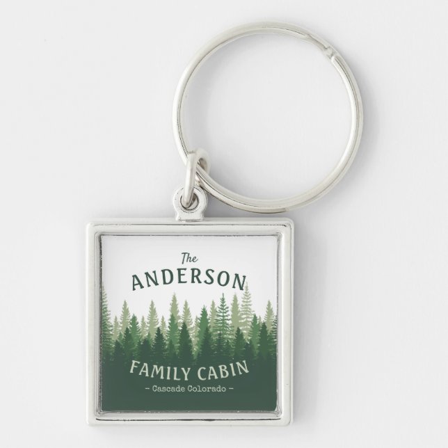 Family Name Cabin Location Pine Tree Forest Square Keychain (Front)