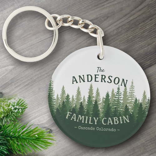 Family Name Cabin Pine Tree Forest 2 Sided Keychain