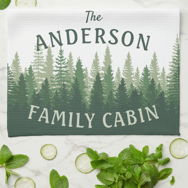 Family Name Cabin Pine Tree Forest Kitchen Towel (Folded)