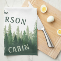 Family Name Cabin Forest Green Kitchen Towel, Zazzle in 2023