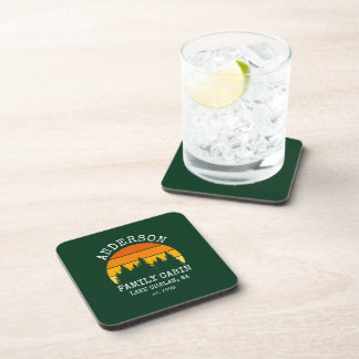 Family Name Cabin Pine Trees Sunset Beverage Coaster