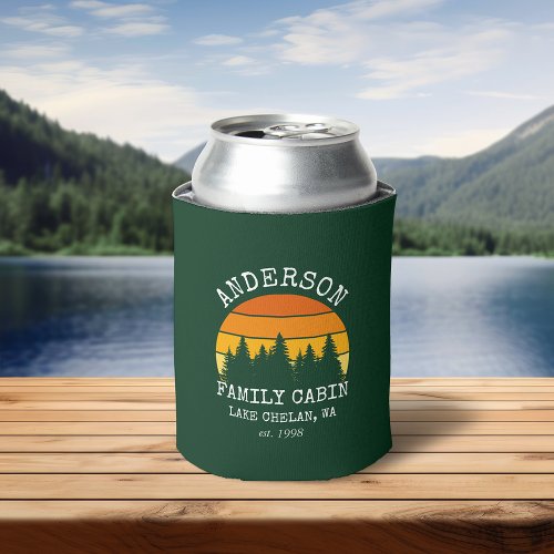 Family Name Cabin Pine Trees Sunset Can Cooler