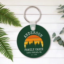 Family Name Cabin Pine Trees Sunset Green