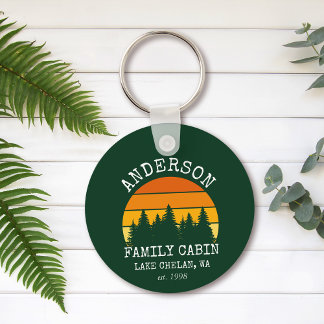 Family Name Cabin Pine Trees Sunset Green Keychain