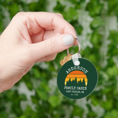 Family Name Cabin Pine Trees Sunset Green Keychain
