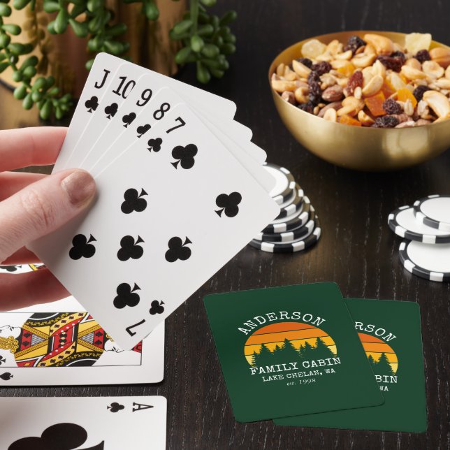 Family Name Cabin Pine Trees Sunset Poker Cards (In Situ)