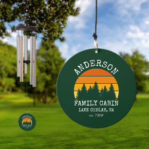 Family Name Cabin Pine Trees Sunset Wind Chime