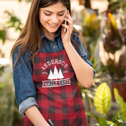 Family Name Cabin Red Buffalo Plaid Apron