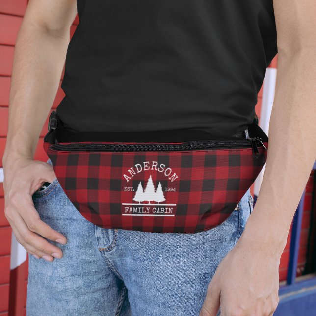 Family Name Cabin Red Buffalo Plaid Fanny Pack (Customize to change text size or text style.)