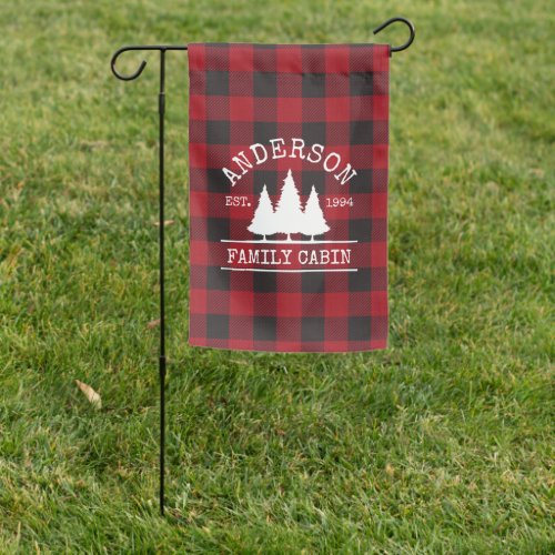 Family Name Cabin Red Buffalo Plaid Garden Flag