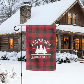 Family Name Cabin Red Buffalo Plaid Garden Flag