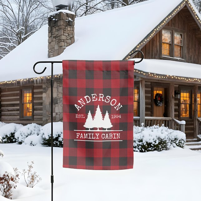 Family Name Cabin Red Buffalo Plaid Garden Flag (Family Cabin Yard Flag)