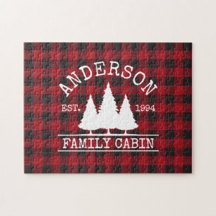 Family Name Cabin Red Buffalo Plaid Pine Trees Jigsaw Puzzle