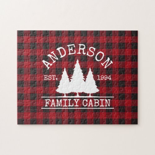 Family Name Cabin Red Buffalo Plaid Pine Trees Jigsaw Puzzle