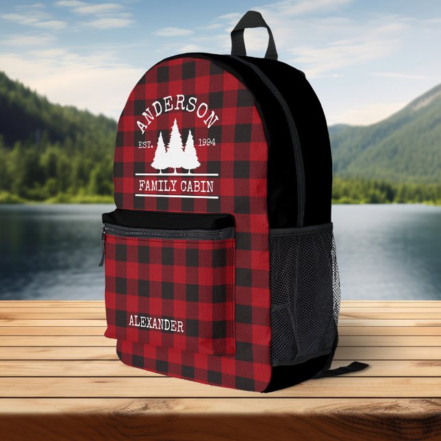 Family Name Cabin Red Buffalo Plaid Printed Backpack (Customize change text size or text style.)