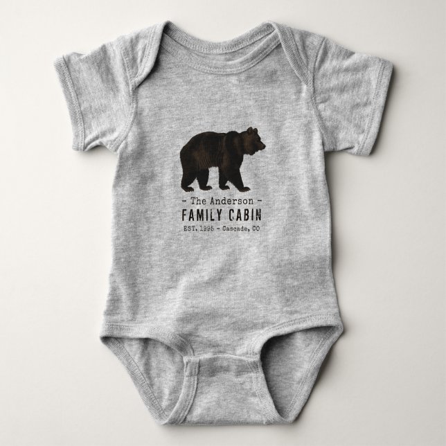 Family Name Cabin Rustic Brown Black Bear Baby Bodysuit (Front)