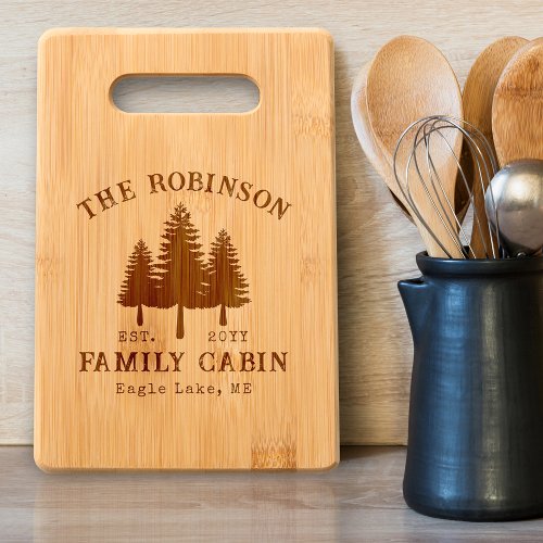 Family Name Cabin Rustic Country Location Trees Cutting Board