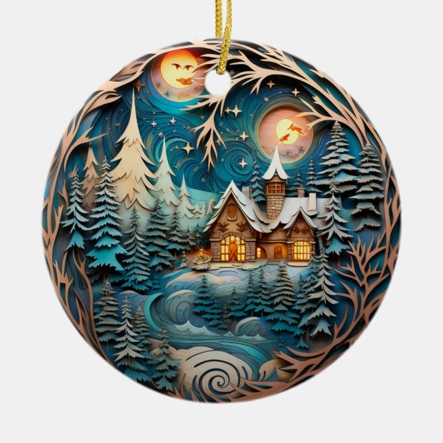 Family Name Cabin Rustic Forest Personalized  Ceramic Ornament (Front)