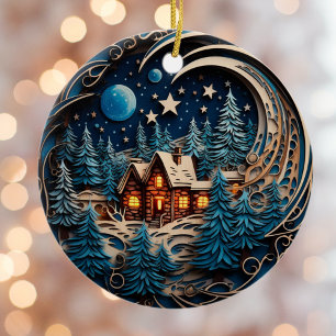 Family Name Cabin Rustic Forest Personalized  Ceramic Ornament