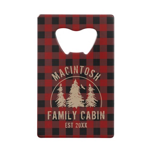 Family Name Cabin Rustic Red Black Plaid Credit Ca Credit Card Bottle Opener