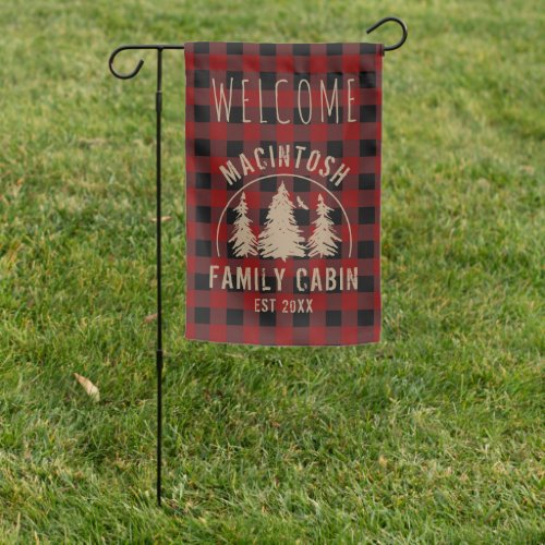 Family Name Cabin Rustic Red Black Plaid Welcome G Garden Flag