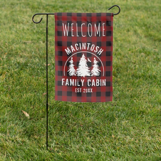 Family Name Cabin Rustic Red Black Plaid Welcome Garden Flag (In SItu)