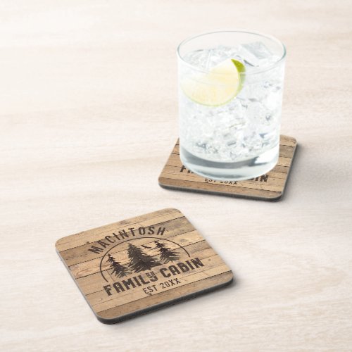 Family Name Cabin Rustic Wood Personalized Beverage Coaster